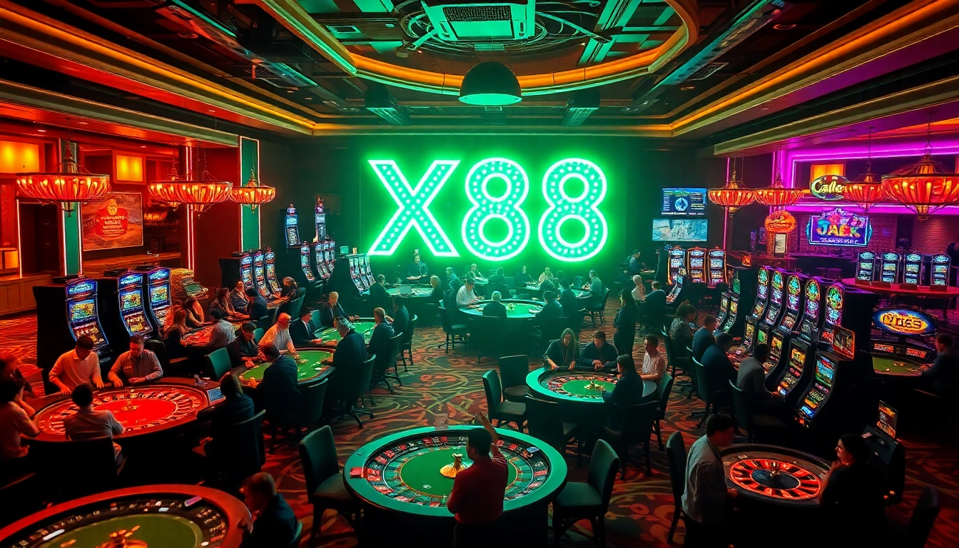 Experience the excitement of Las Vegas casino gaming with the X88 neon sign illuminating poker tables and slot machines.
