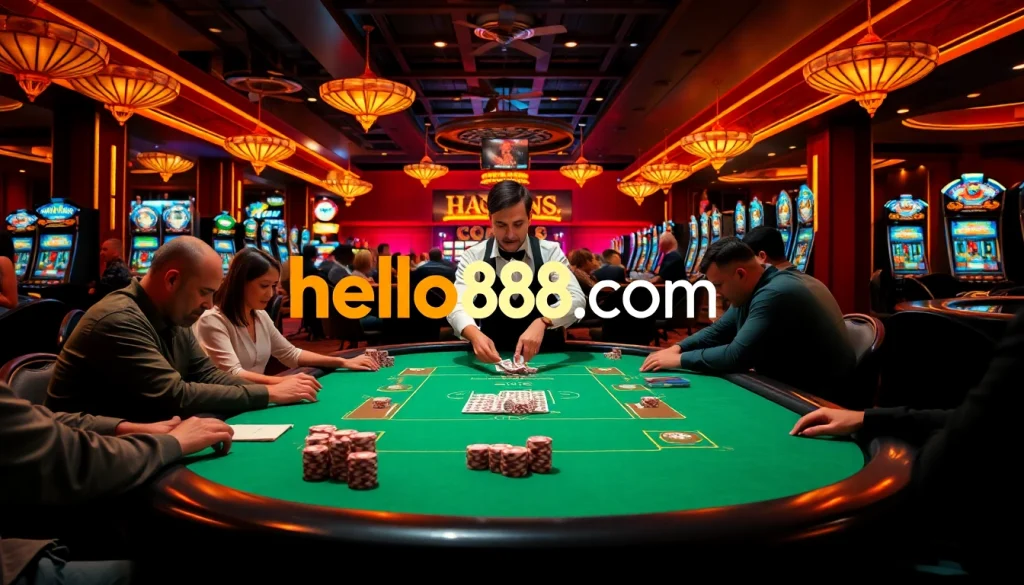 Experience thrilling moments at hello88 com, featuring a lively poker game with vibrant chips and cards.