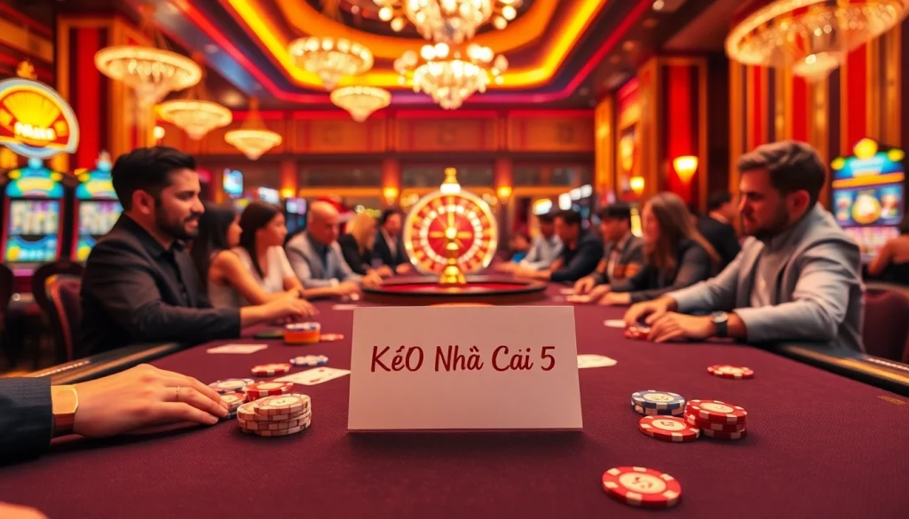 Kèo Nhà Cái 5 captures the thrilling moment of a poker game with vibrant chips and cards.