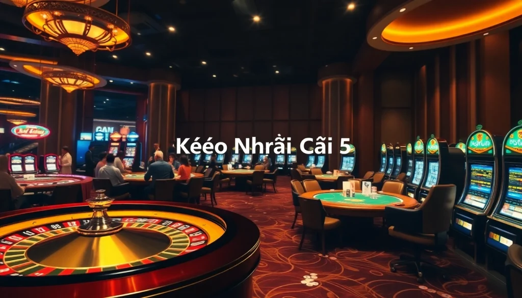 Experience the excitement of Kèo Nhà Cái 5 at a bustling casino with vibrant roulette and poker tables.