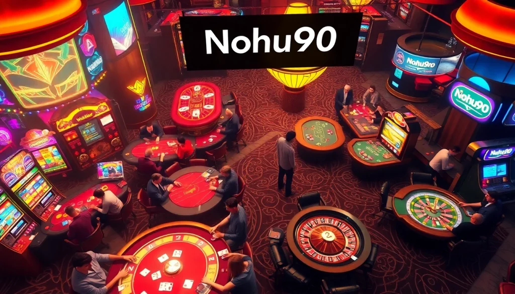Nohu90 showcases an exciting casino environment with players at poker tables, bright slot machines, and a spinning roulette wheel.