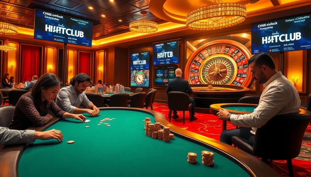 HITCLUB highlights a thrilling casino poker game with intense players and a dealer at work.